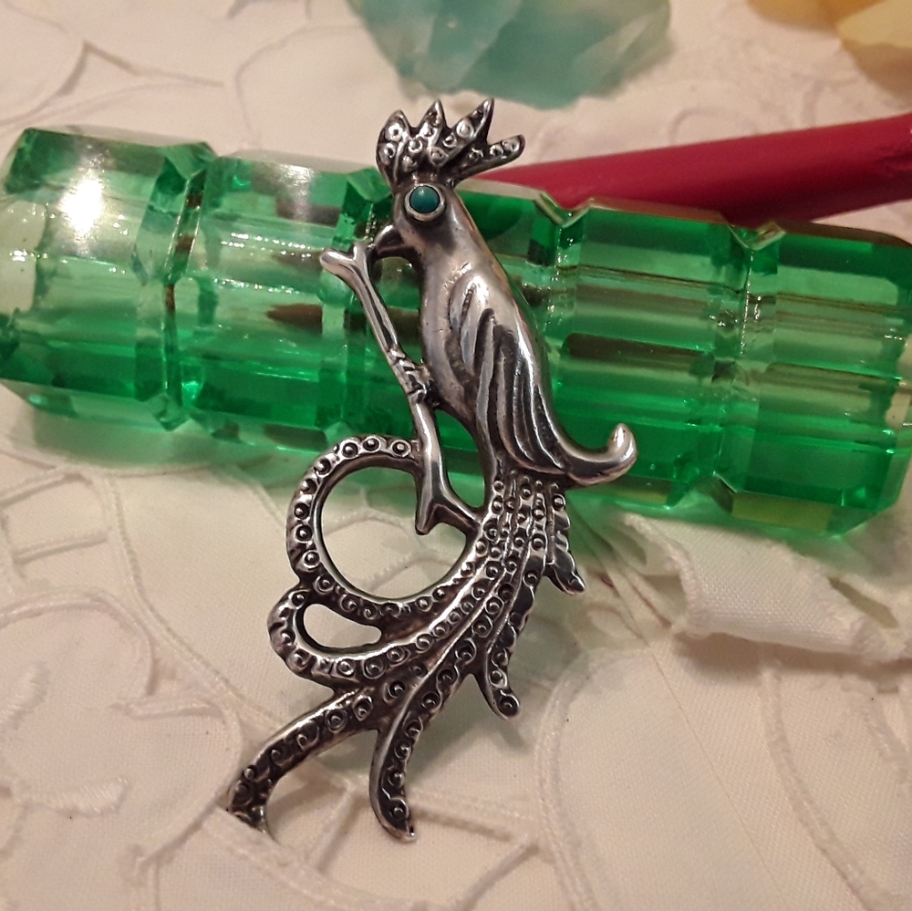 ANTIQUE 1940'S RARE STERLING SILVER PEACOCK PIN - Picture 12 of 16